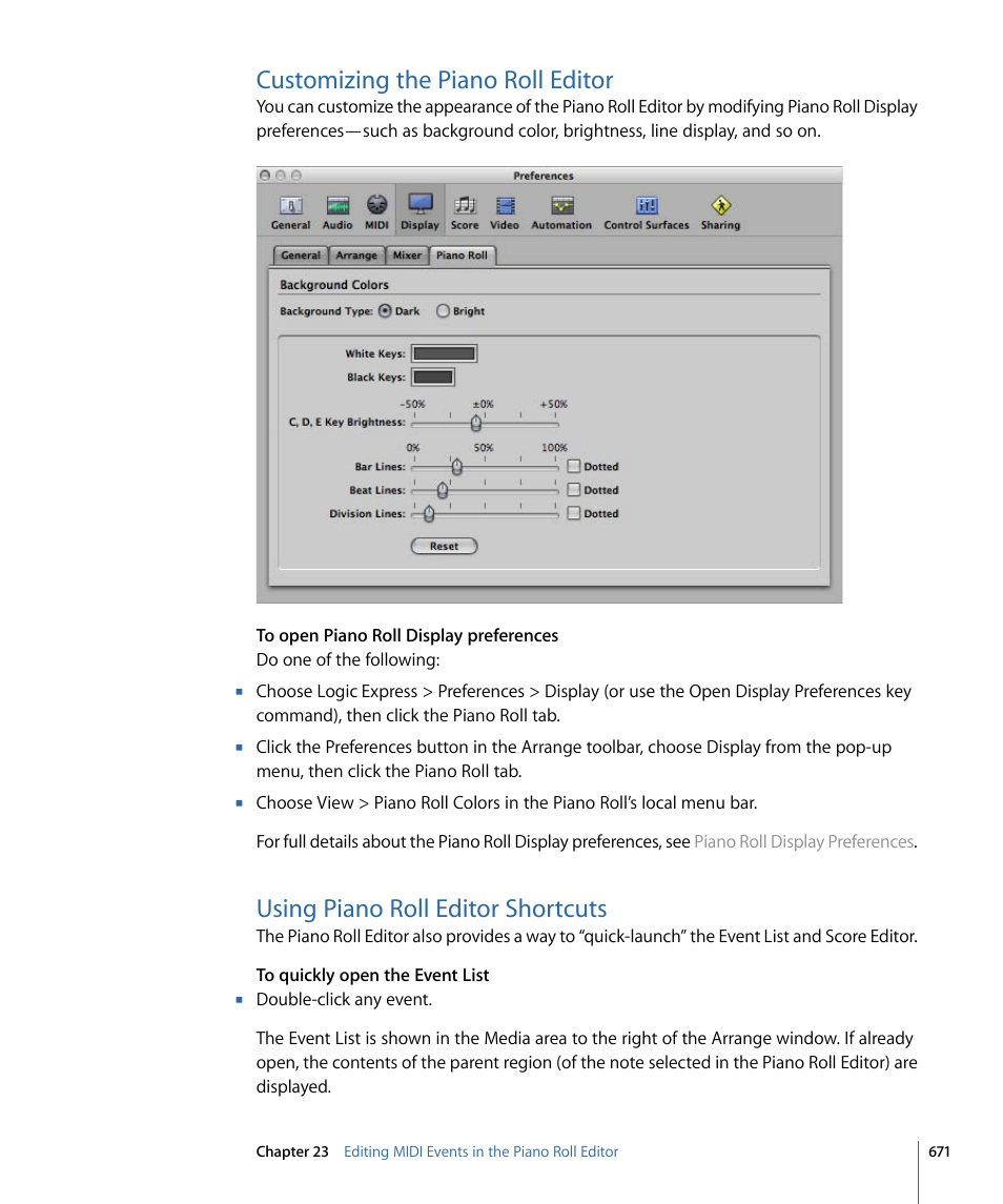 Customizing the piano roll editor, Using piano roll editor shortcuts | Apple Logic Express 9 User Manual | Page 671 / 1294