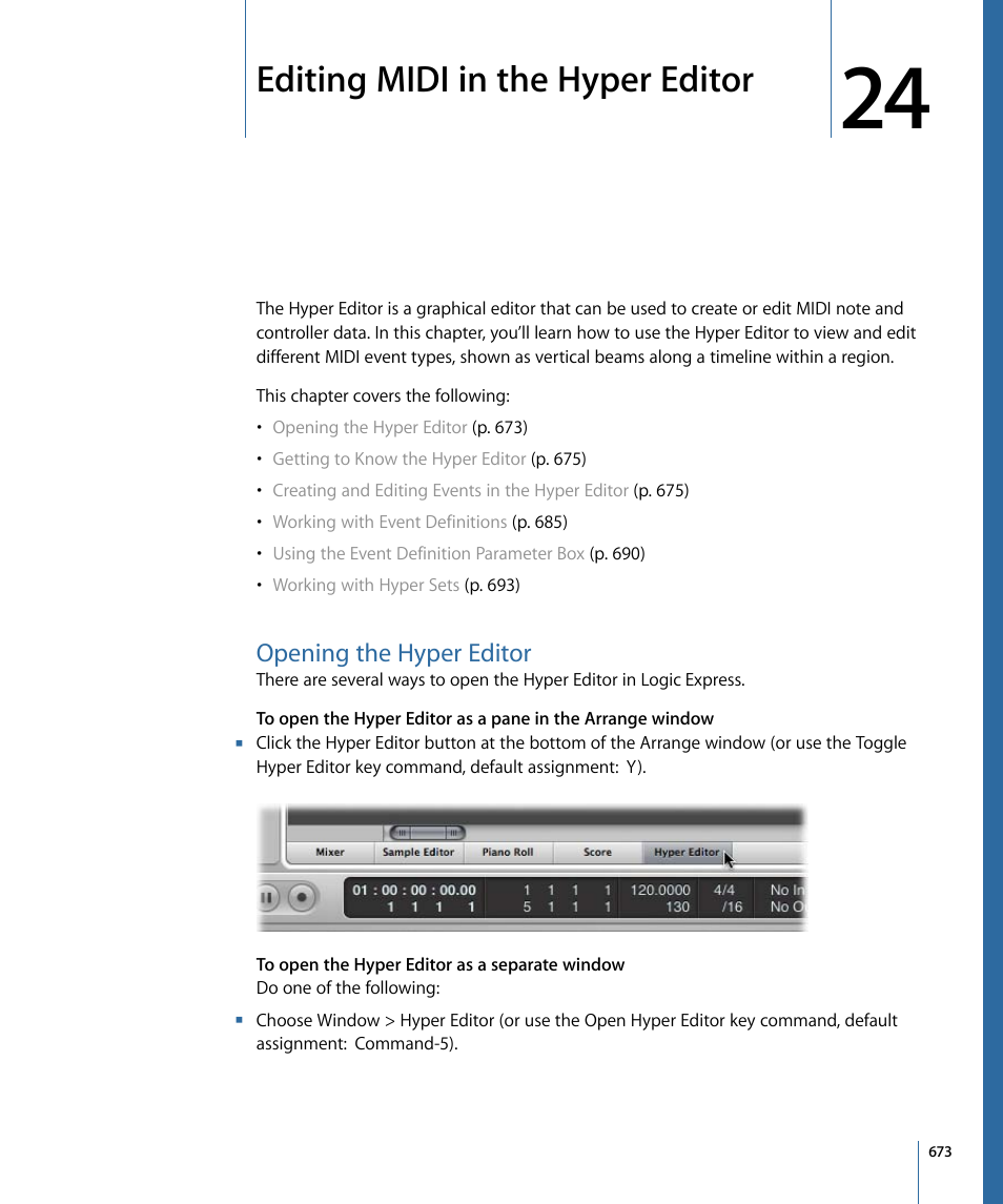 Editing midi in the hyper editor, Opening the hyper editor | Apple Logic Express 9 User Manual | Page 673 / 1294