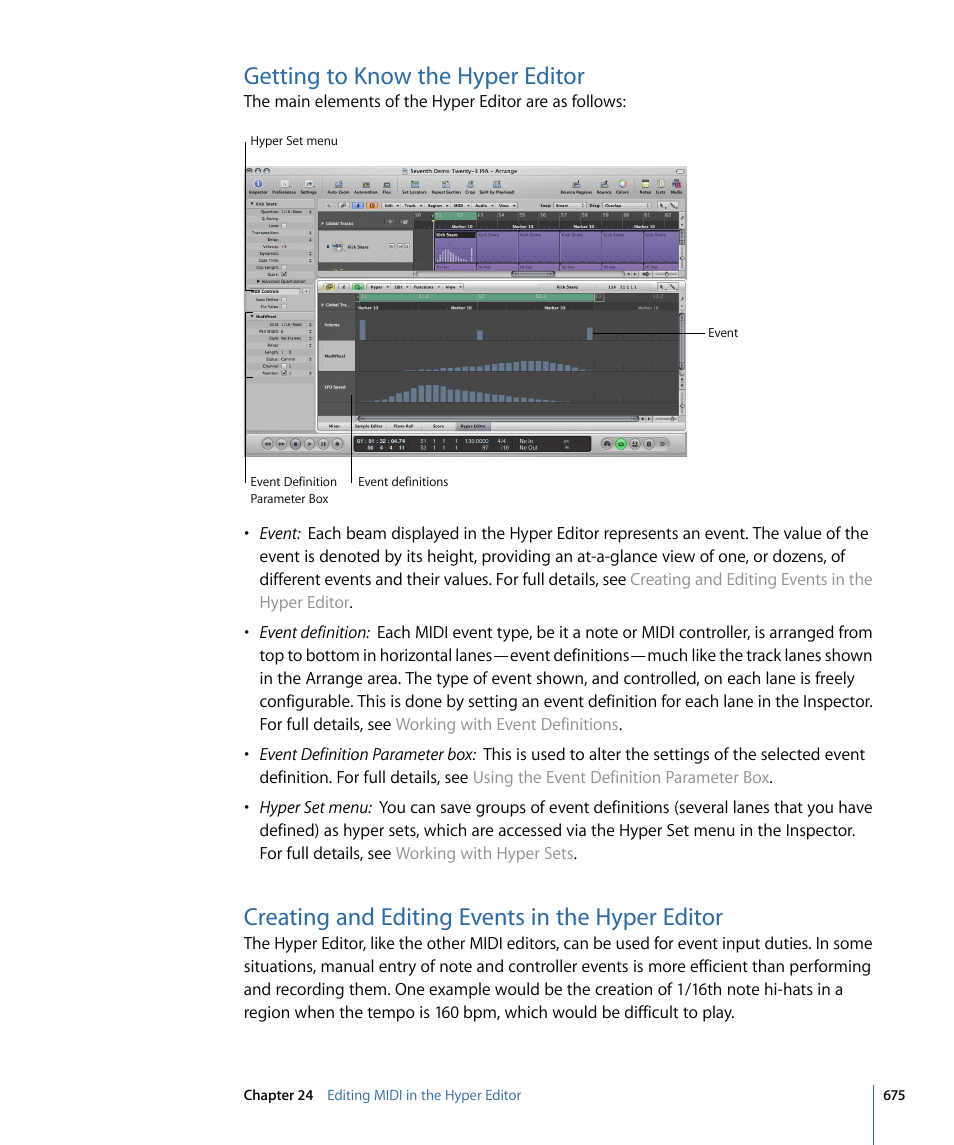 Getting to know the hyper editor, Creating and editing events in the hyper editor | Apple Logic Express 9 User Manual | Page 675 / 1294