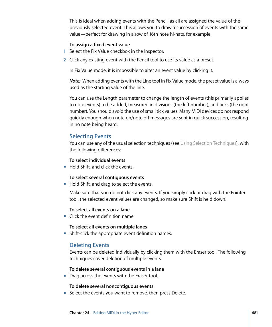 Selecting events, Deleting events | Apple Logic Express 9 User Manual | Page 681 / 1294
