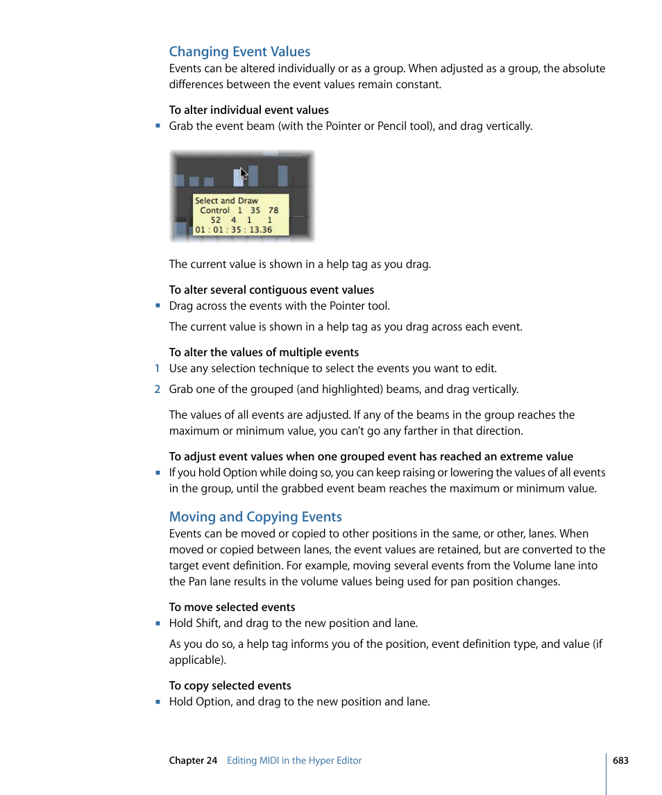 Changing event values, Moving and copying events | Apple Logic Express 9 User Manual | Page 683 / 1294