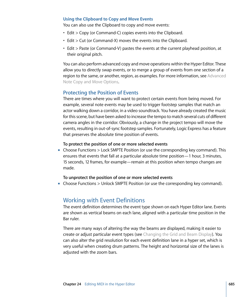 Using the clipboard to copy and move events, Protecting the position of events, Working with event definitions | Apple Logic Express 9 User Manual | Page 685 / 1294