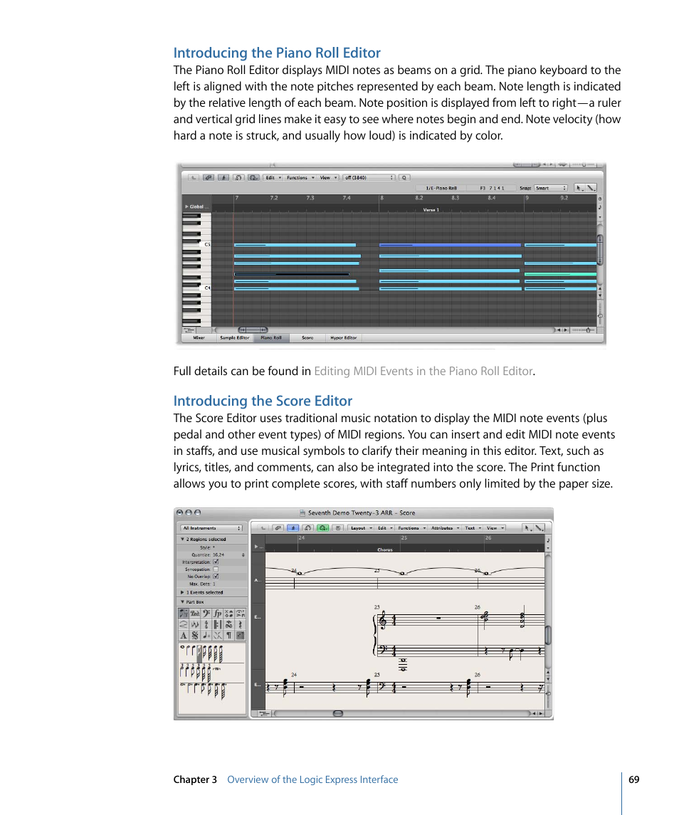Introducing the piano roll editor, Introducing the score editor | Apple Logic Express 9 User Manual | Page 69 / 1294