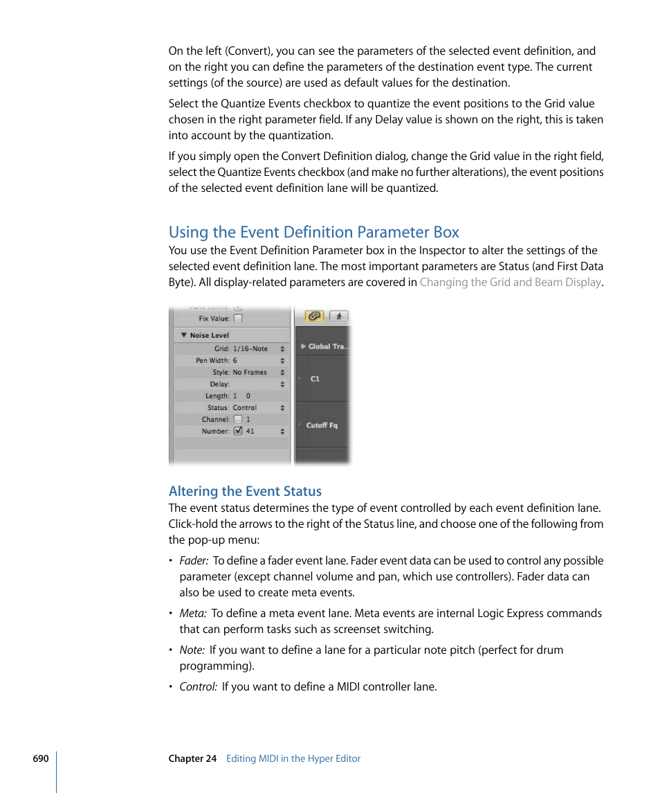 Using the event definition parameter box, Altering the event status | Apple Logic Express 9 User Manual | Page 690 / 1294