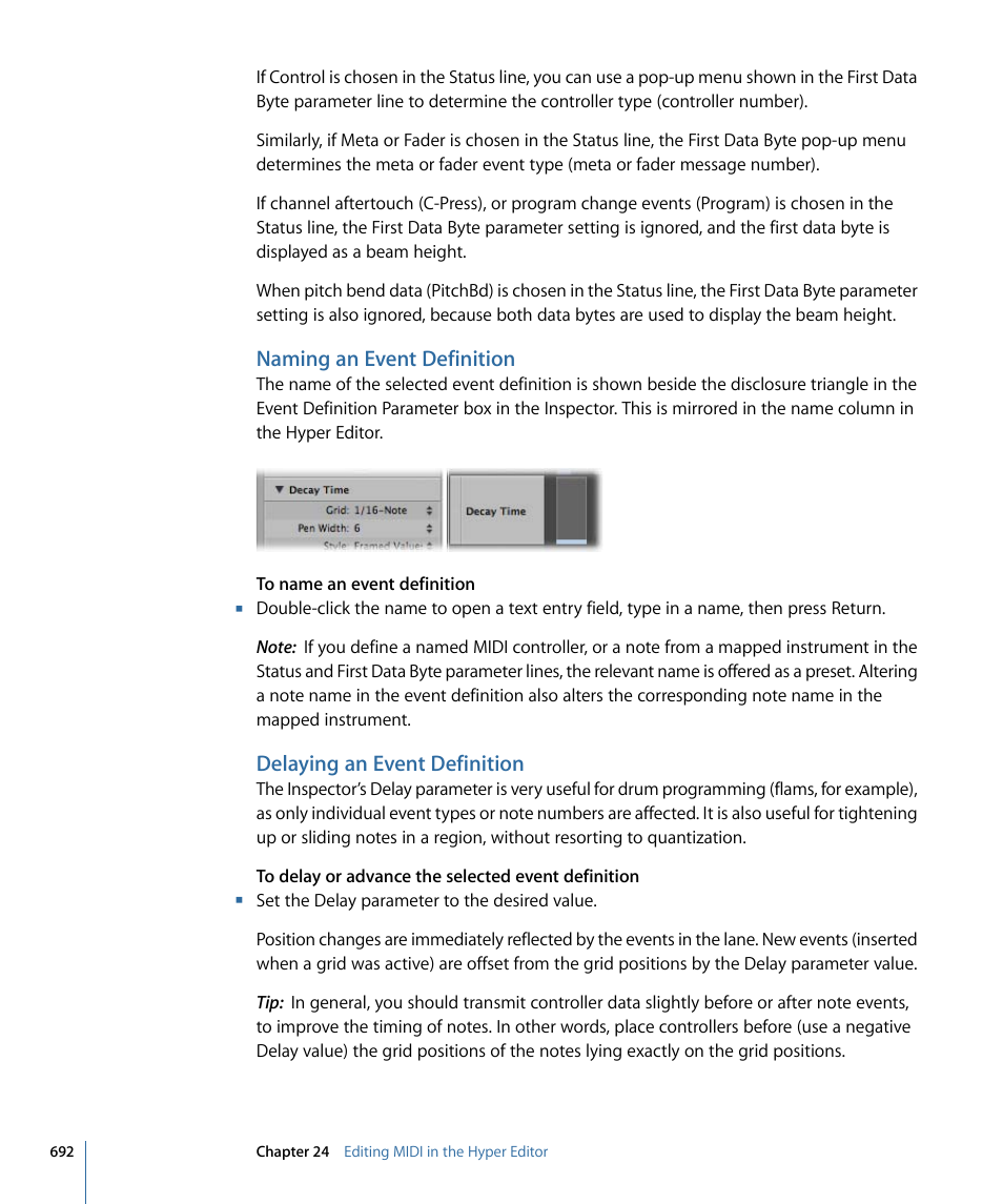 Naming an event definition, Delaying an event definition | Apple Logic Express 9 User Manual | Page 692 / 1294