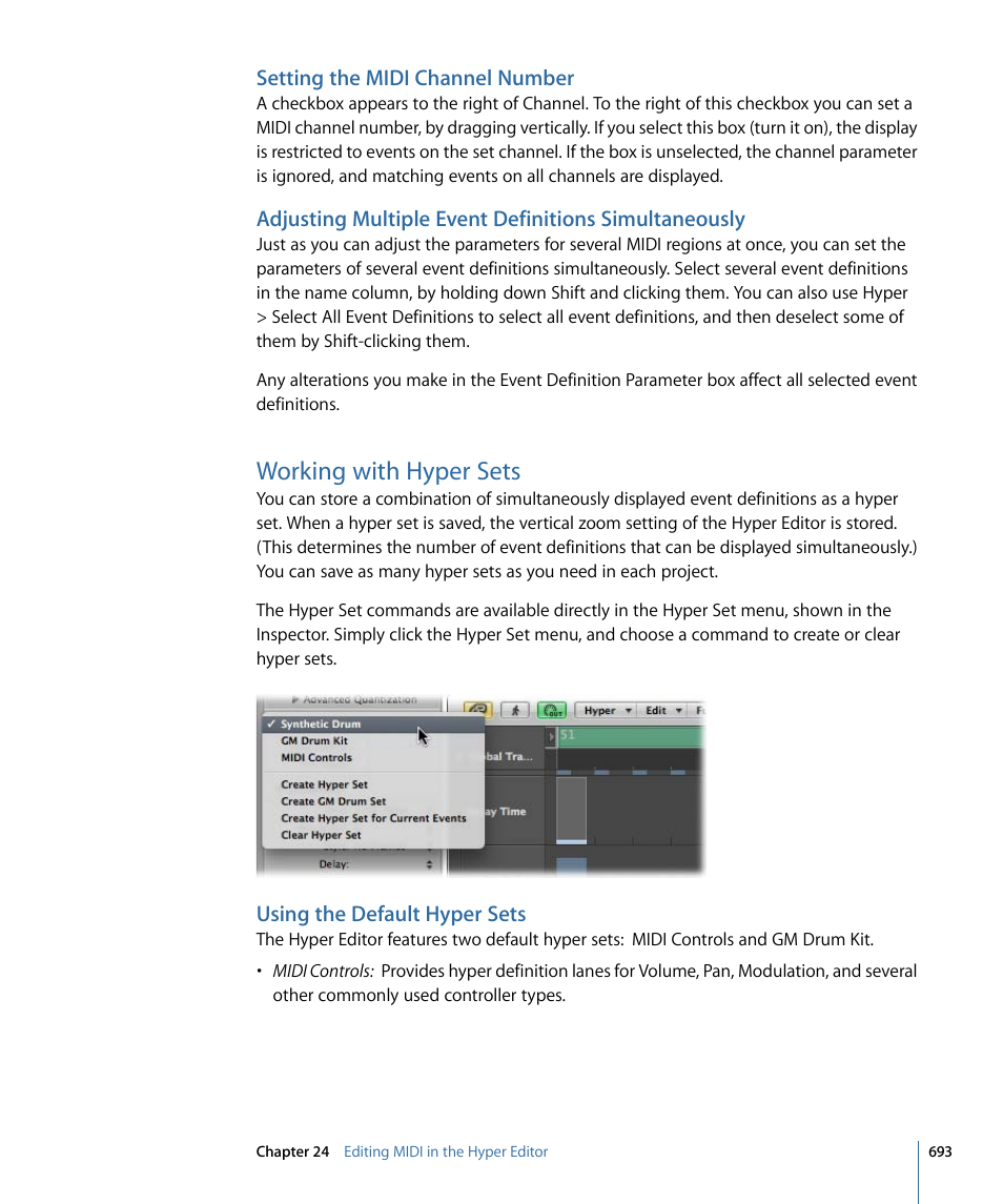 Setting the midi channel number, Working with hyper sets, Using the default hyper sets | Apple Logic Express 9 User Manual | Page 693 / 1294