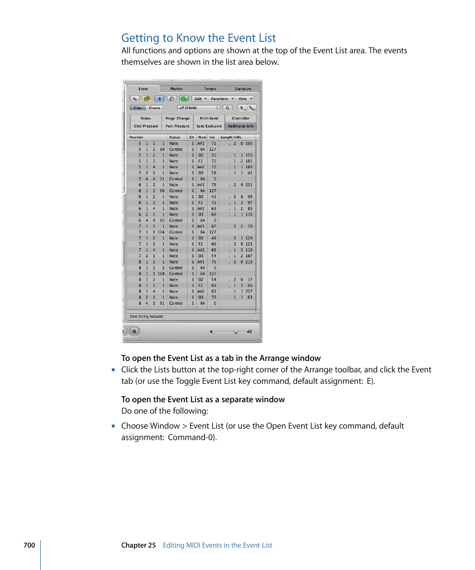 Getting to know the event list | Apple Logic Express 9 User Manual | Page 700 / 1294