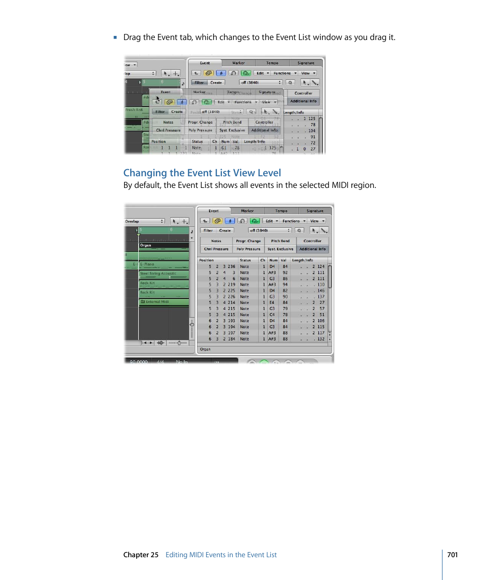 Changing the event list view level | Apple Logic Express 9 User Manual | Page 701 / 1294