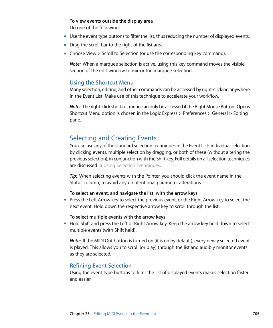 Using the shortcut menu, Selecting and creating events, Refining event selection | Apple Logic Express 9 User Manual | Page 705 / 1294