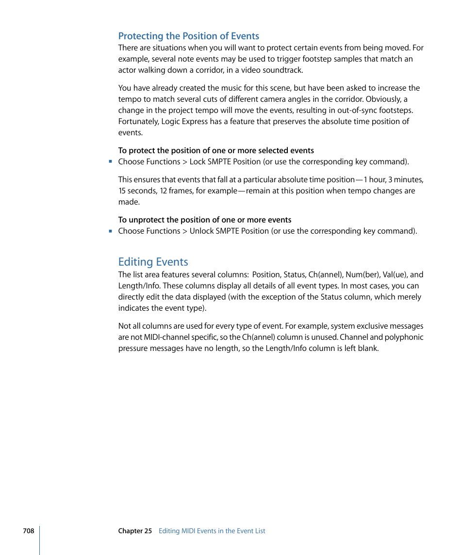Protecting the position of events, Editing events | Apple Logic Express 9 User Manual | Page 708 / 1294