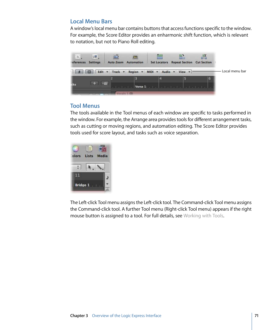 Local menu bars, Tool menus | Apple Logic Express 9 User Manual | Page 71 / 1294