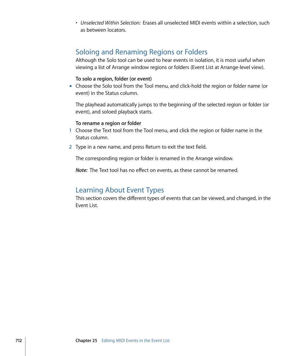 Soloing and renaming regions or folders, Learning about event types | Apple Logic Express 9 User Manual | Page 712 / 1294