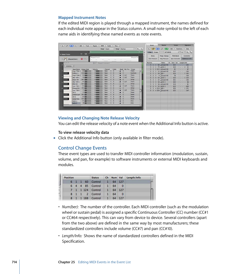 Mapped instrument notes, Viewing and changing note release velocity, Control change events | Apple Logic Express 9 User Manual | Page 714 / 1294