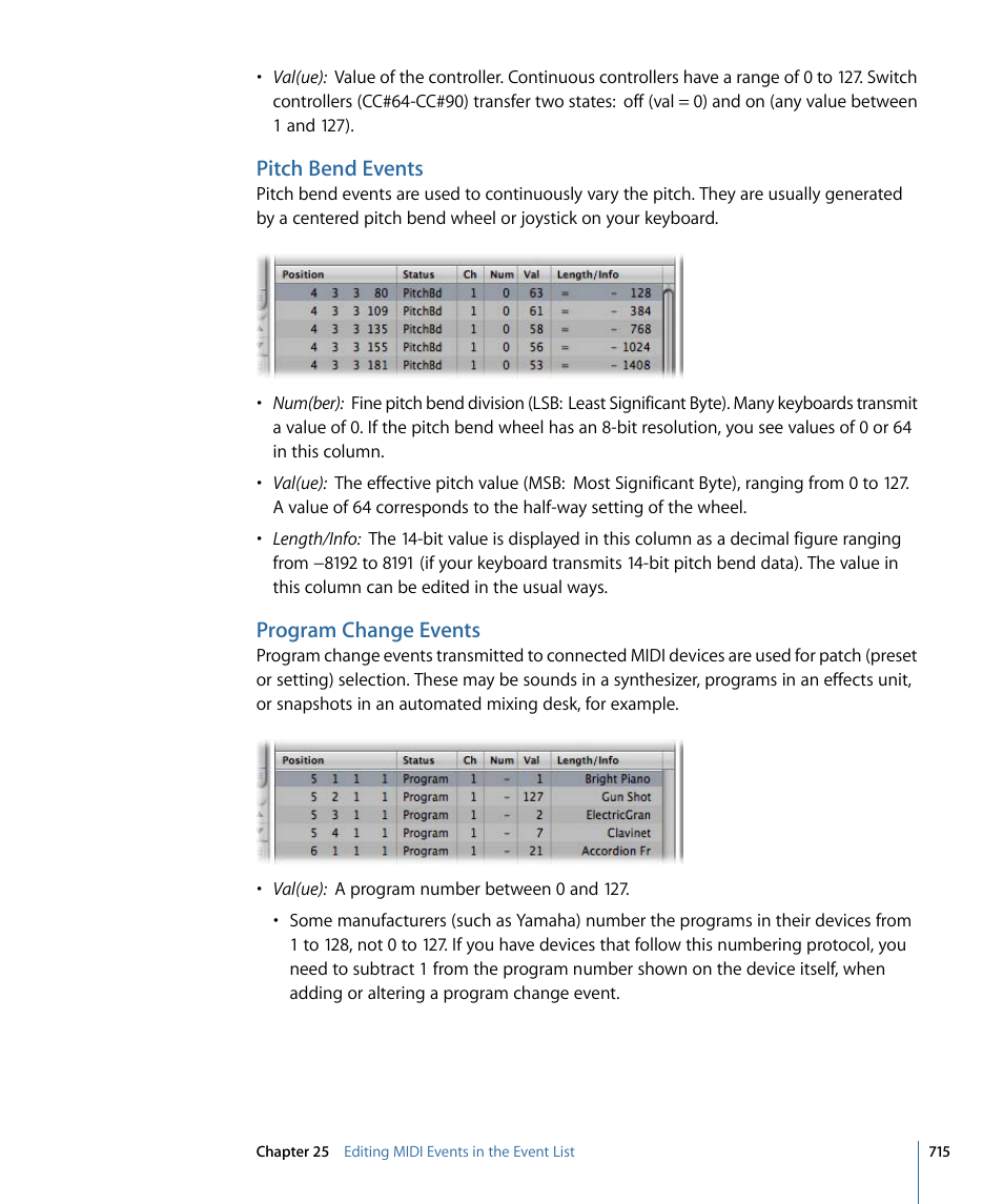 Pitch bend events, Program change events | Apple Logic Express 9 User Manual | Page 715 / 1294