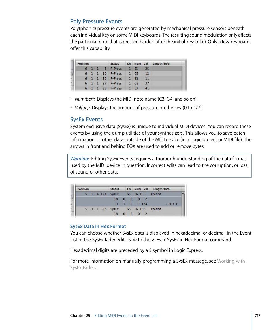 Poly pressure events, Sysex events, Sysex data in hex format | Apple Logic Express 9 User Manual | Page 717 / 1294