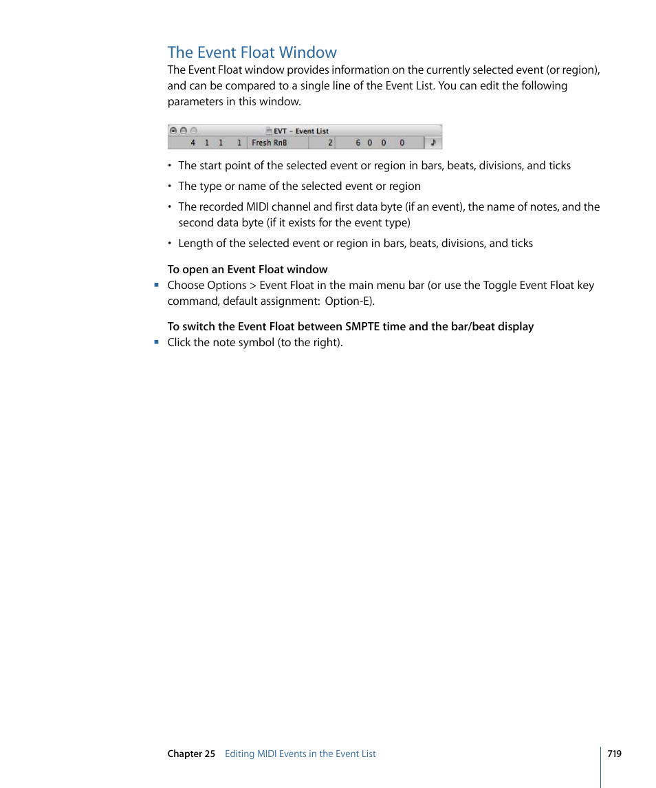 The event float window | Apple Logic Express 9 User Manual | Page 719 / 1294