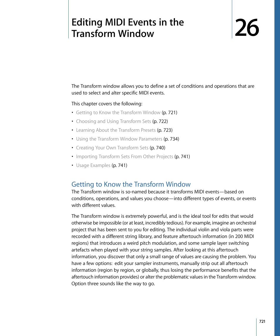 Editing midi events in the transform window, Getting to know the transform window | Apple Logic Express 9 User Manual | Page 721 / 1294