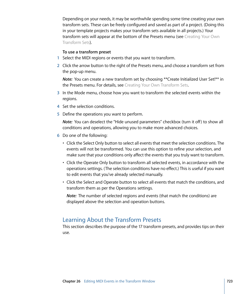 Learning about the transform presets | Apple Logic Express 9 User Manual | Page 723 / 1294