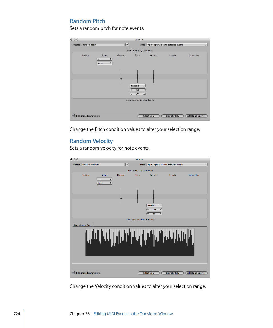 Random pitch, Random velocity | Apple Logic Express 9 User Manual | Page 724 / 1294