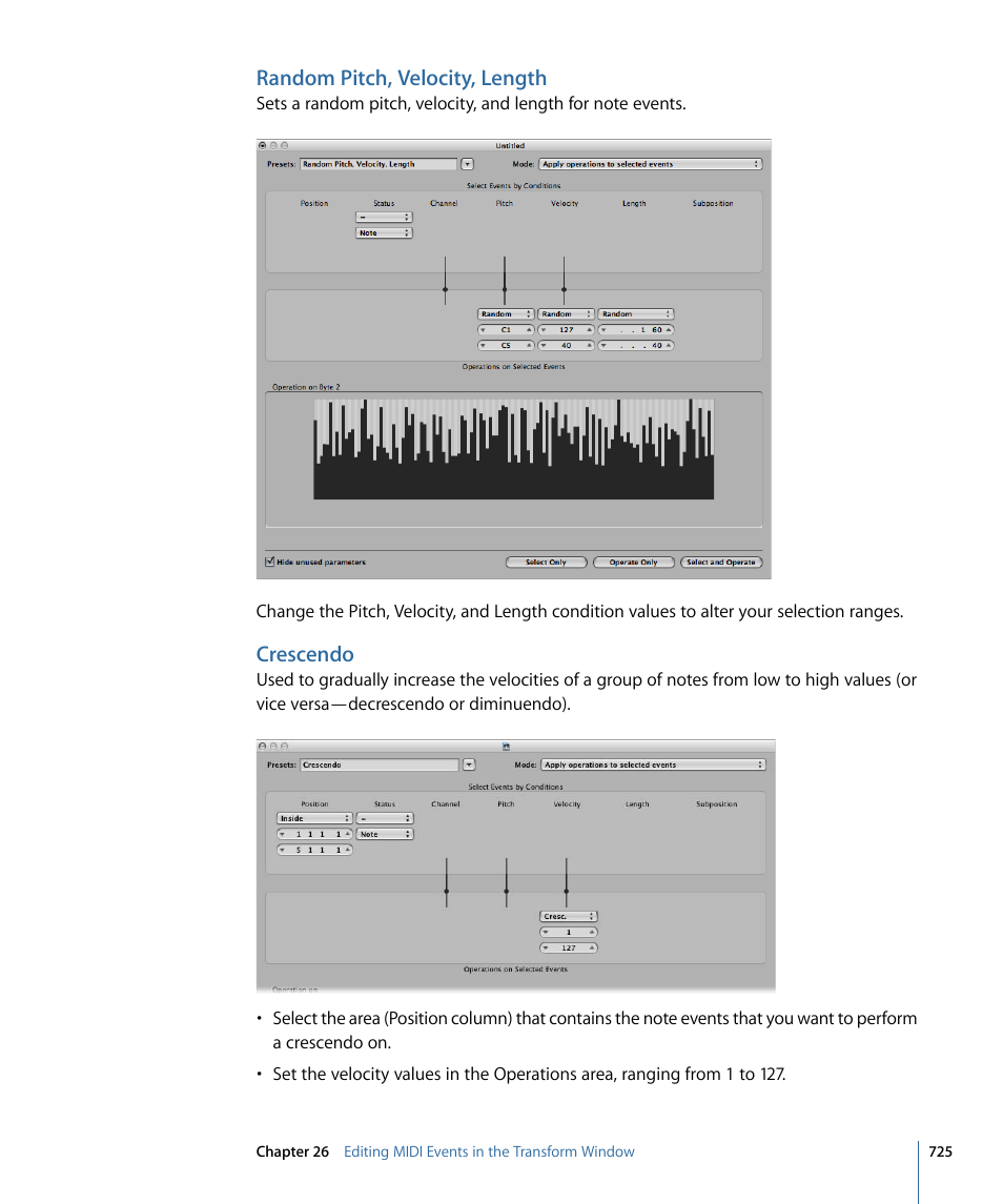 Random pitch, velocity, length, Crescendo | Apple Logic Express 9 User Manual | Page 725 / 1294