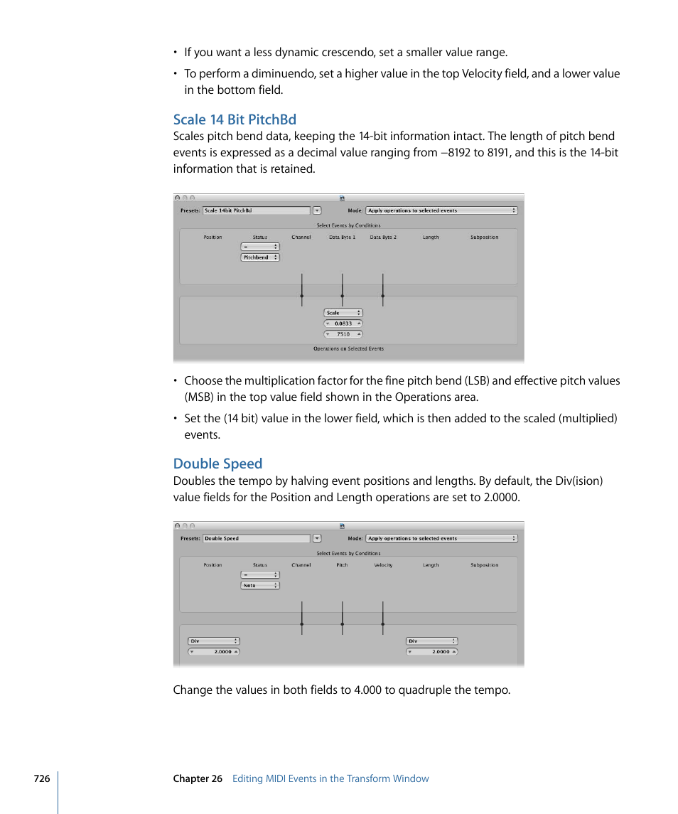 Scale 14 bit pitchbd, Double speed | Apple Logic Express 9 User Manual | Page 726 / 1294