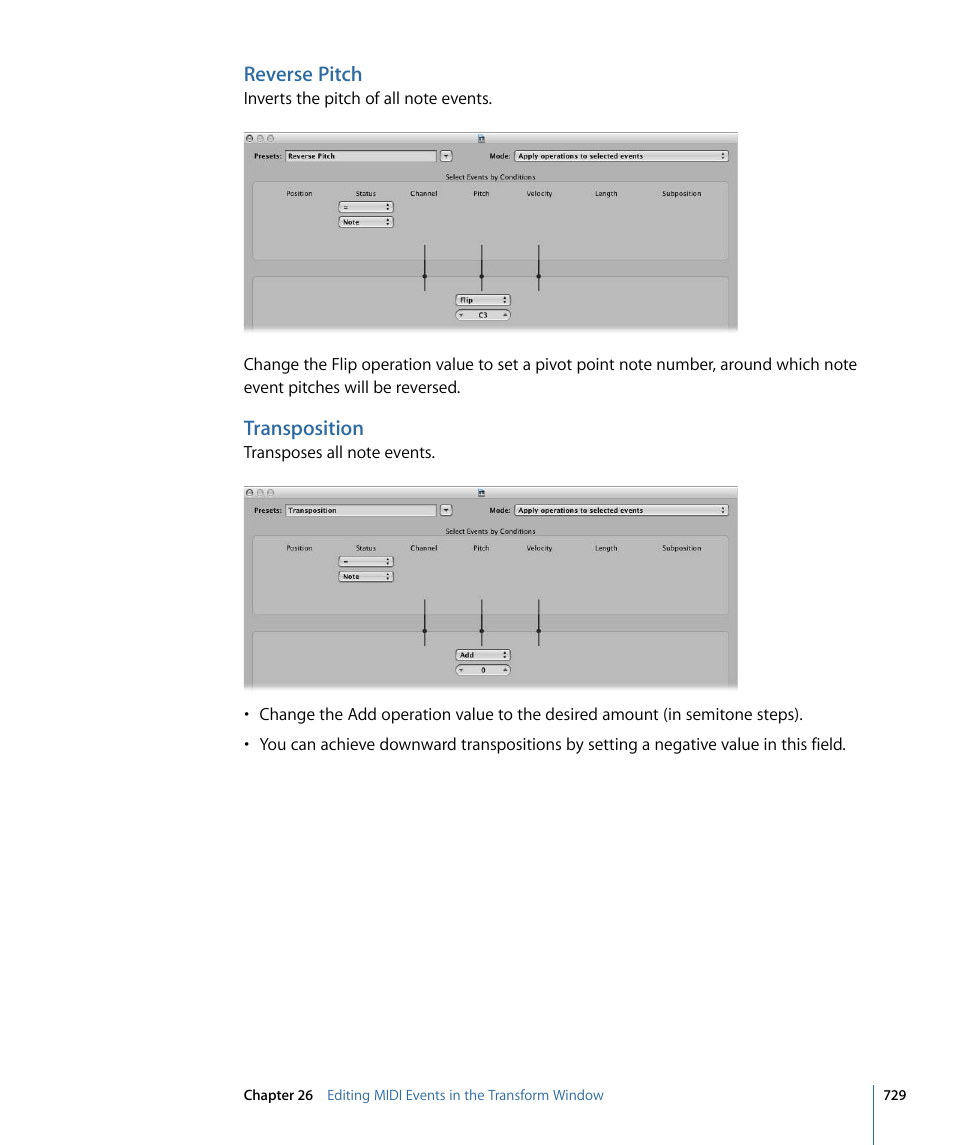 Reverse pitch, Transposition | Apple Logic Express 9 User Manual | Page 729 / 1294