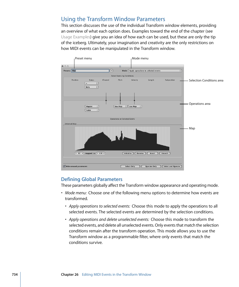 Using the transform window parameters, Defining global parameters | Apple Logic Express 9 User Manual | Page 734 / 1294