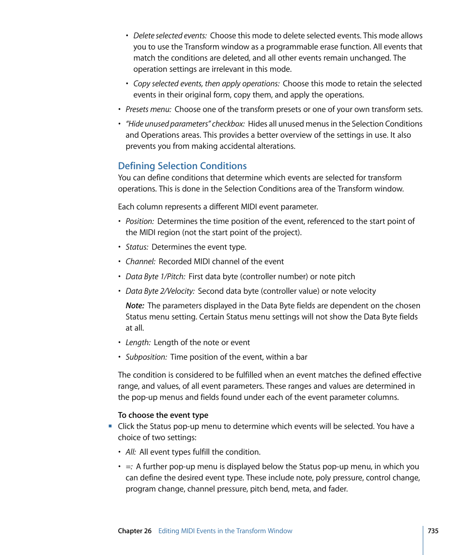 Defining selection conditions | Apple Logic Express 9 User Manual | Page 735 / 1294