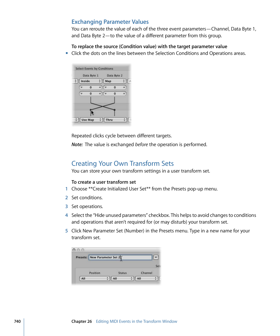 Exchanging parameter values, Creating your own transform sets, Creating your own | Transform sets | Apple Logic Express 9 User Manual | Page 740 / 1294