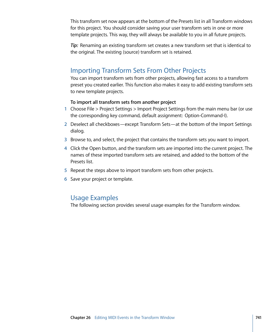 Importing transform sets from other projects, Usage examples | Apple Logic Express 9 User Manual | Page 741 / 1294