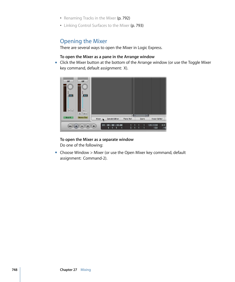 Opening the mixer | Apple Logic Express 9 User Manual | Page 748 / 1294