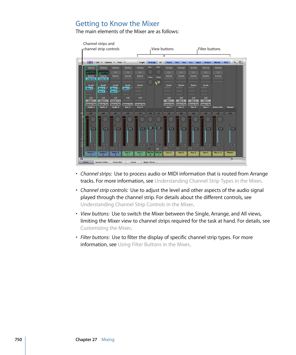 Getting to know the mixer | Apple Logic Express 9 User Manual | Page 750 / 1294