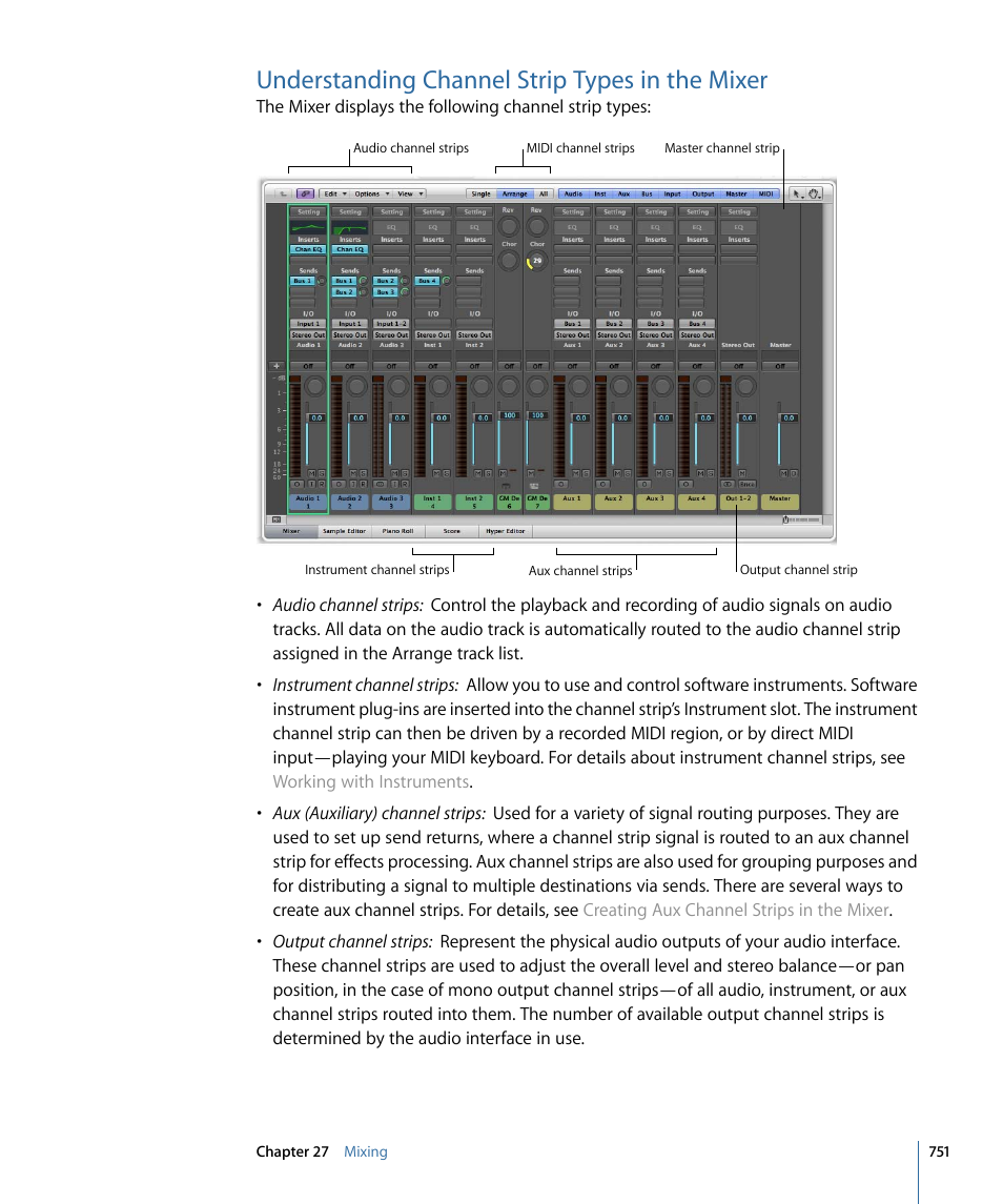 Understanding channel strip types in the mixer | Apple Logic Express 9 User Manual | Page 751 / 1294
