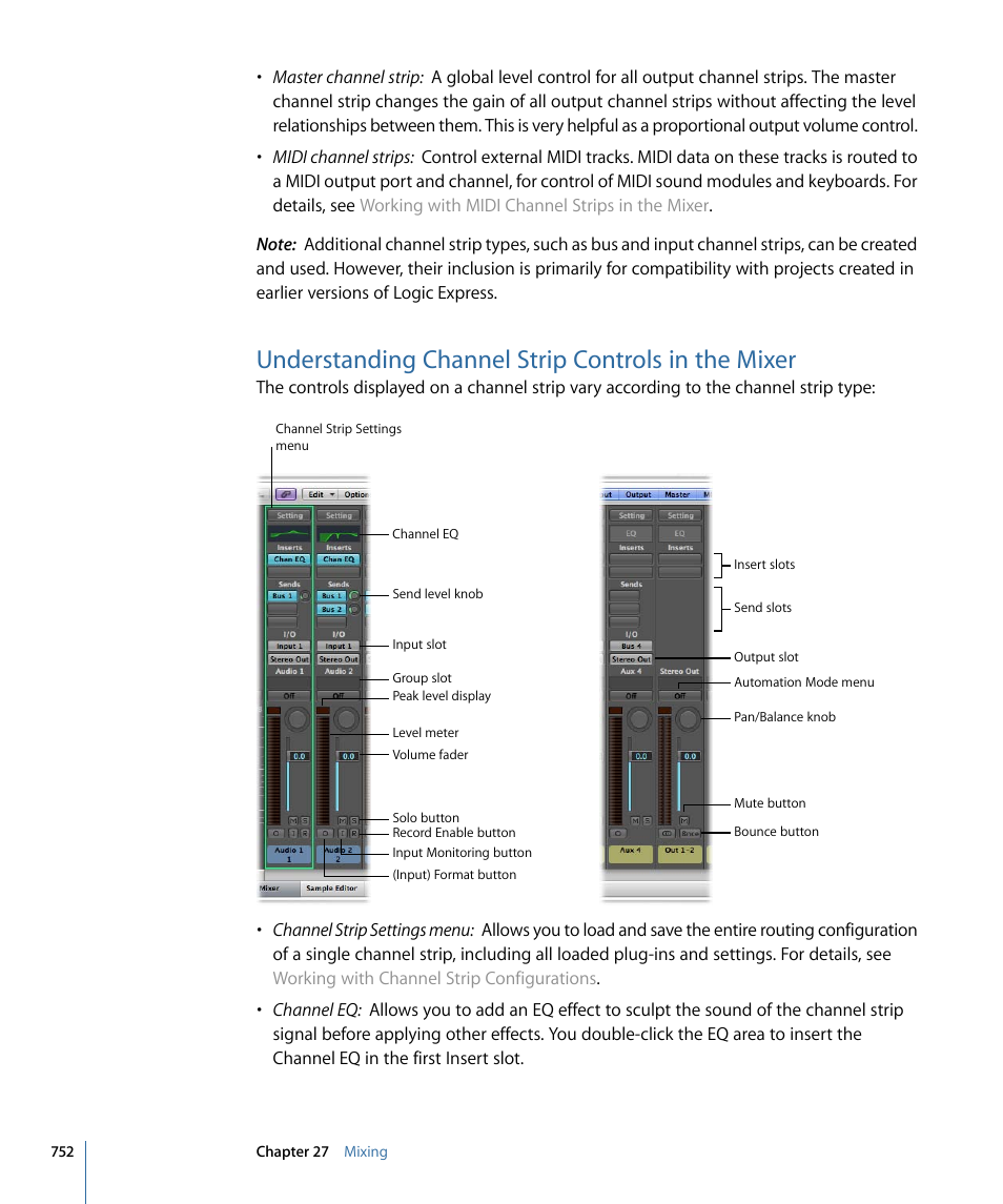 Understanding channel strip controls in the mixer | Apple Logic Express 9 User Manual | Page 752 / 1294