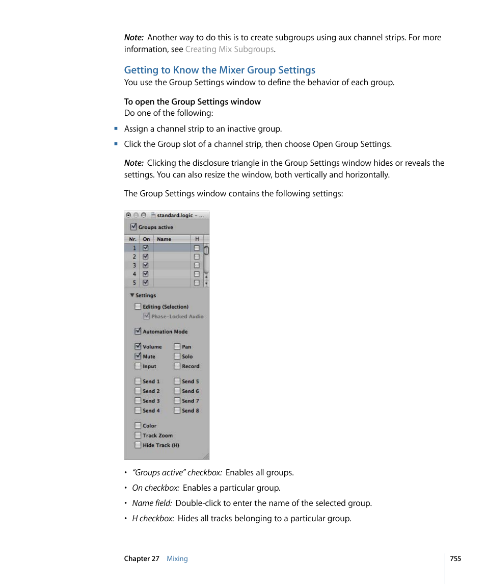 Getting to know the mixer group settings | Apple Logic Express 9 User Manual | Page 755 / 1294