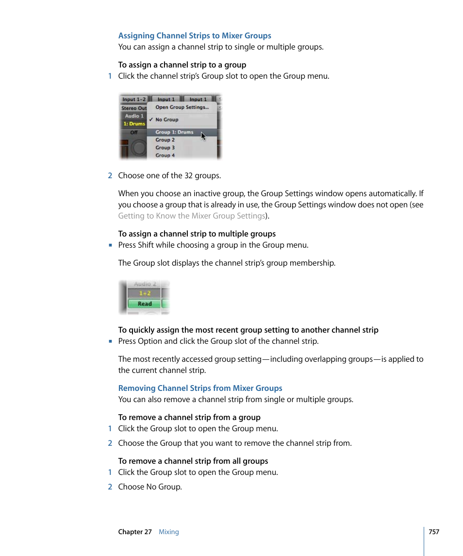 Assigning channel strips to mixer groups, Removing channel strips from mixer groups | Apple Logic Express 9 User Manual | Page 757 / 1294