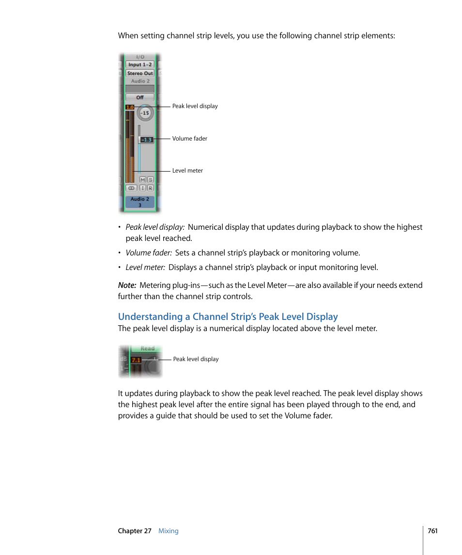 Understanding a channel strip’s peak level display | Apple Logic Express 9 User Manual | Page 761 / 1294