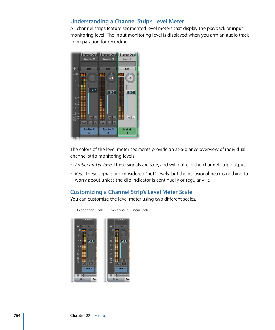 Understanding a channel strip’s level meter, Customizing a channel strip’s level meter scale | Apple Logic Express 9 User Manual | Page 764 / 1294