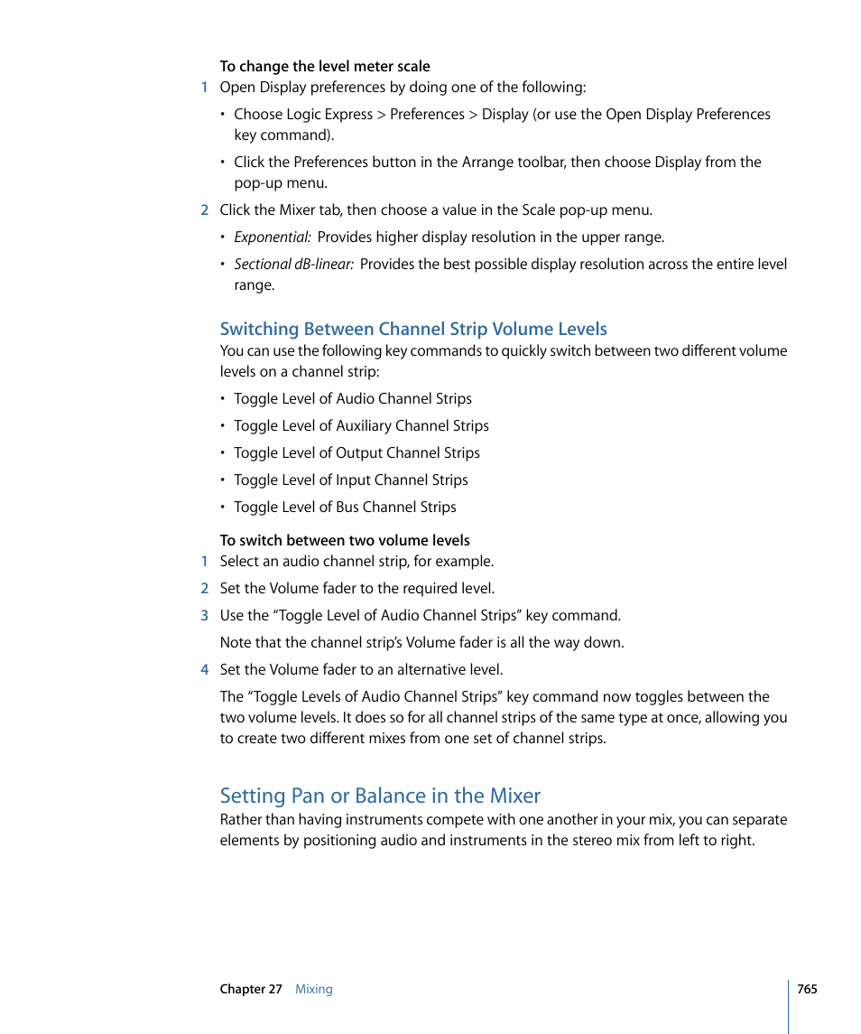 Switching between channel strip volume levels, Setting pan or balance in the mixer | Apple Logic Express 9 User Manual | Page 765 / 1294