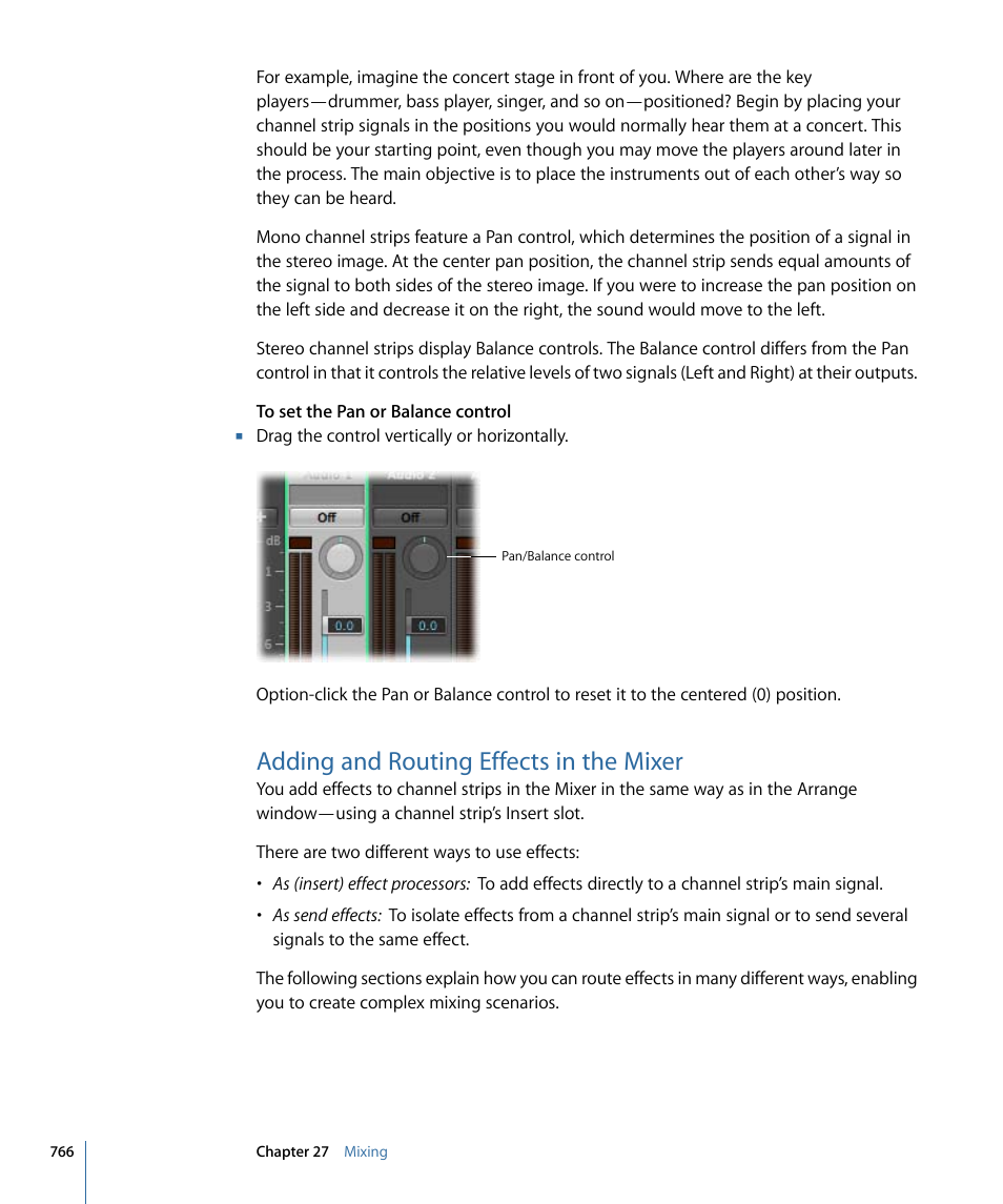 Adding and routing effects in the mixer | Apple Logic Express 9 User Manual | Page 766 / 1294