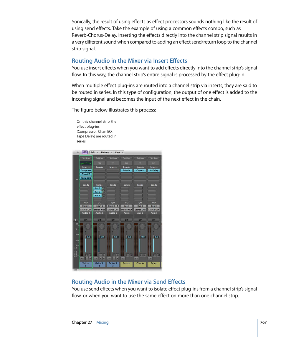 Routing audio in the mixer via insert effects, Routing audio in the mixer via send effects | Apple Logic Express 9 User Manual | Page 767 / 1294