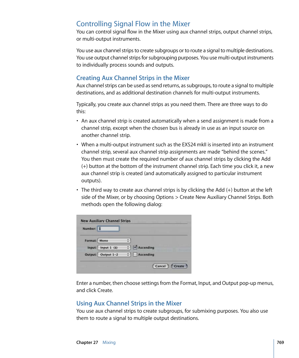 Controlling signal flow in the mixer, Creating aux channel strips in the mixer, Using aux channel strips in the mixer | Apple Logic Express 9 User Manual | Page 769 / 1294