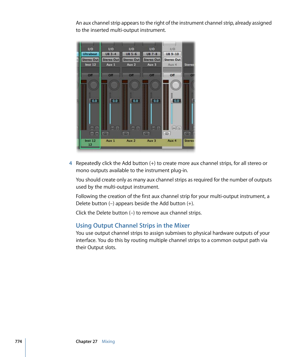 Using output channel strips in the mixer | Apple Logic Express 9 User Manual | Page 774 / 1294