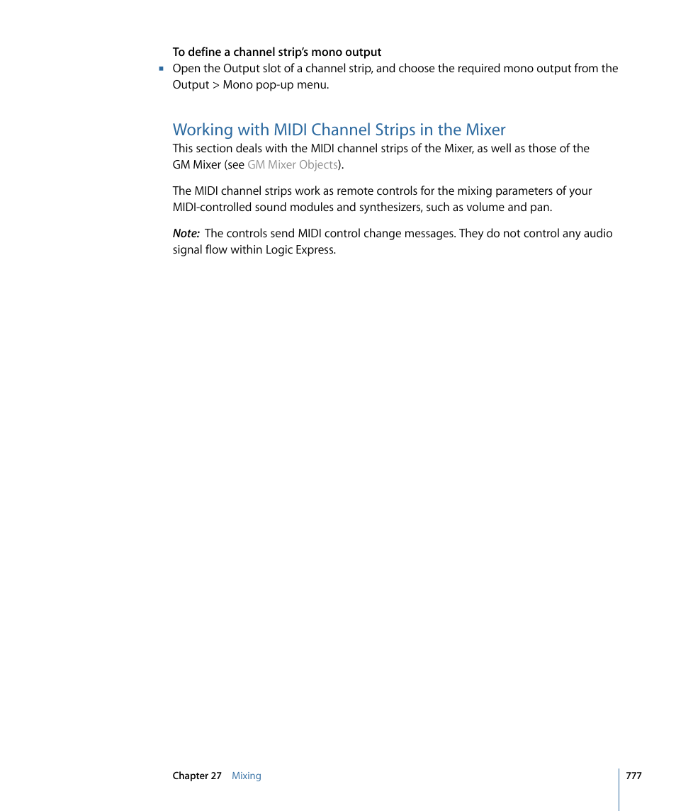 Working with midi channel strips in the mixer | Apple Logic Express 9 User Manual | Page 777 / 1294