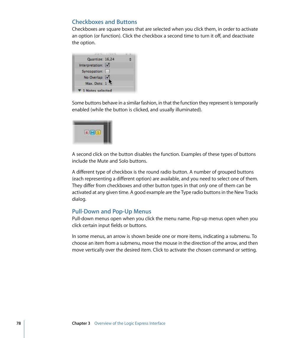 Checkboxes and buttons, Pull-down and pop-up menus | Apple Logic Express 9 User Manual | Page 78 / 1294