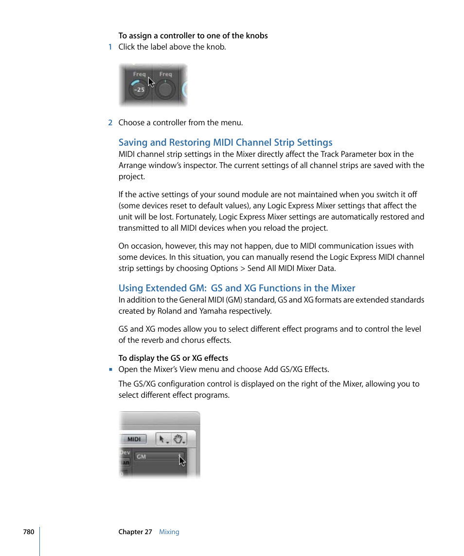 Saving and restoring midi channel strip settings | Apple Logic Express 9 User Manual | Page 780 / 1294