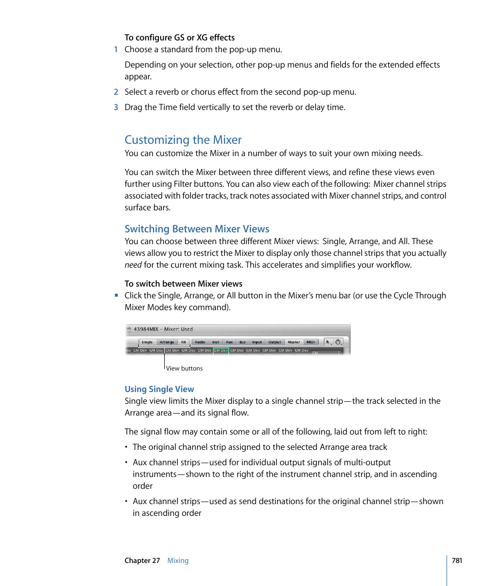 Customizing the mixer, Switching between mixer views, Using single view | Apple Logic Express 9 User Manual | Page 781 / 1294