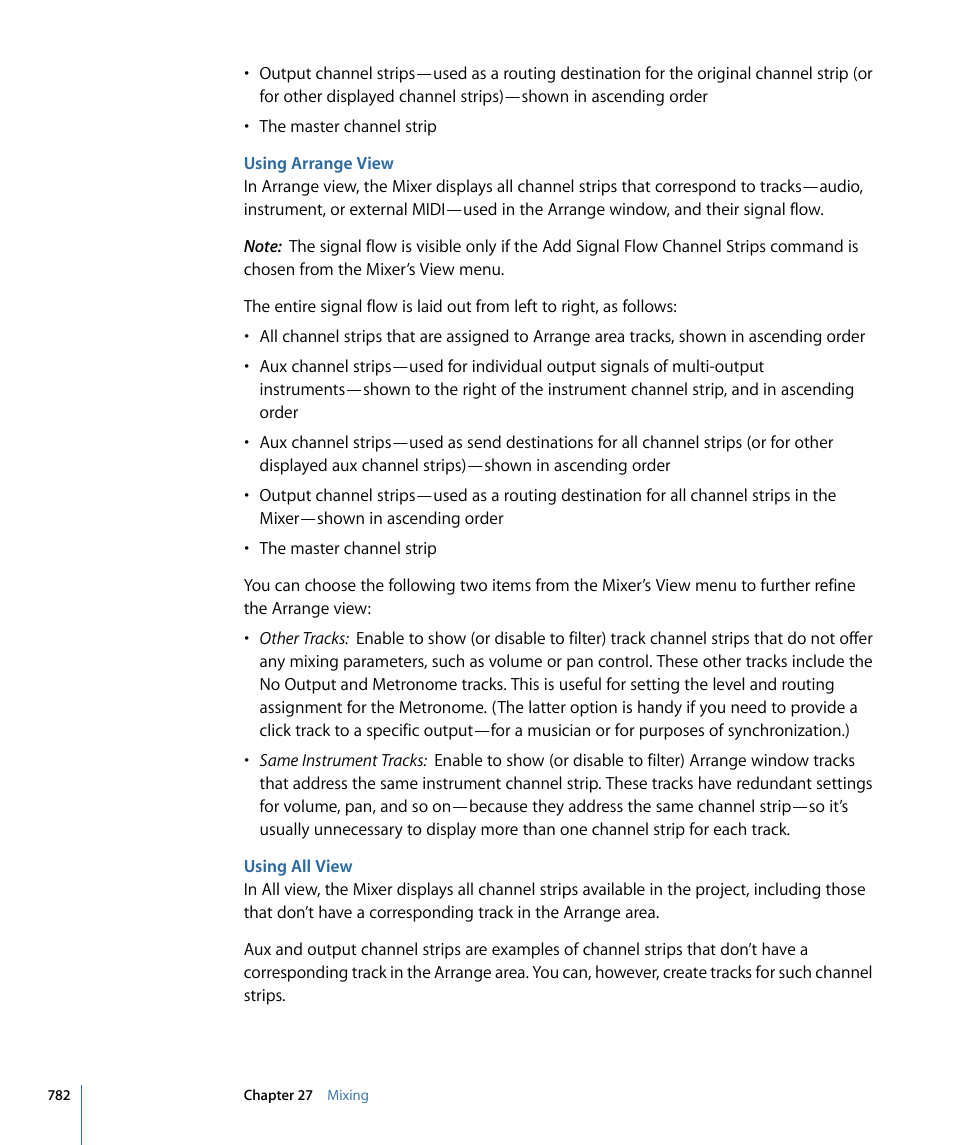 Using arrange view, Using all view | Apple Logic Express 9 User Manual | Page 782 / 1294