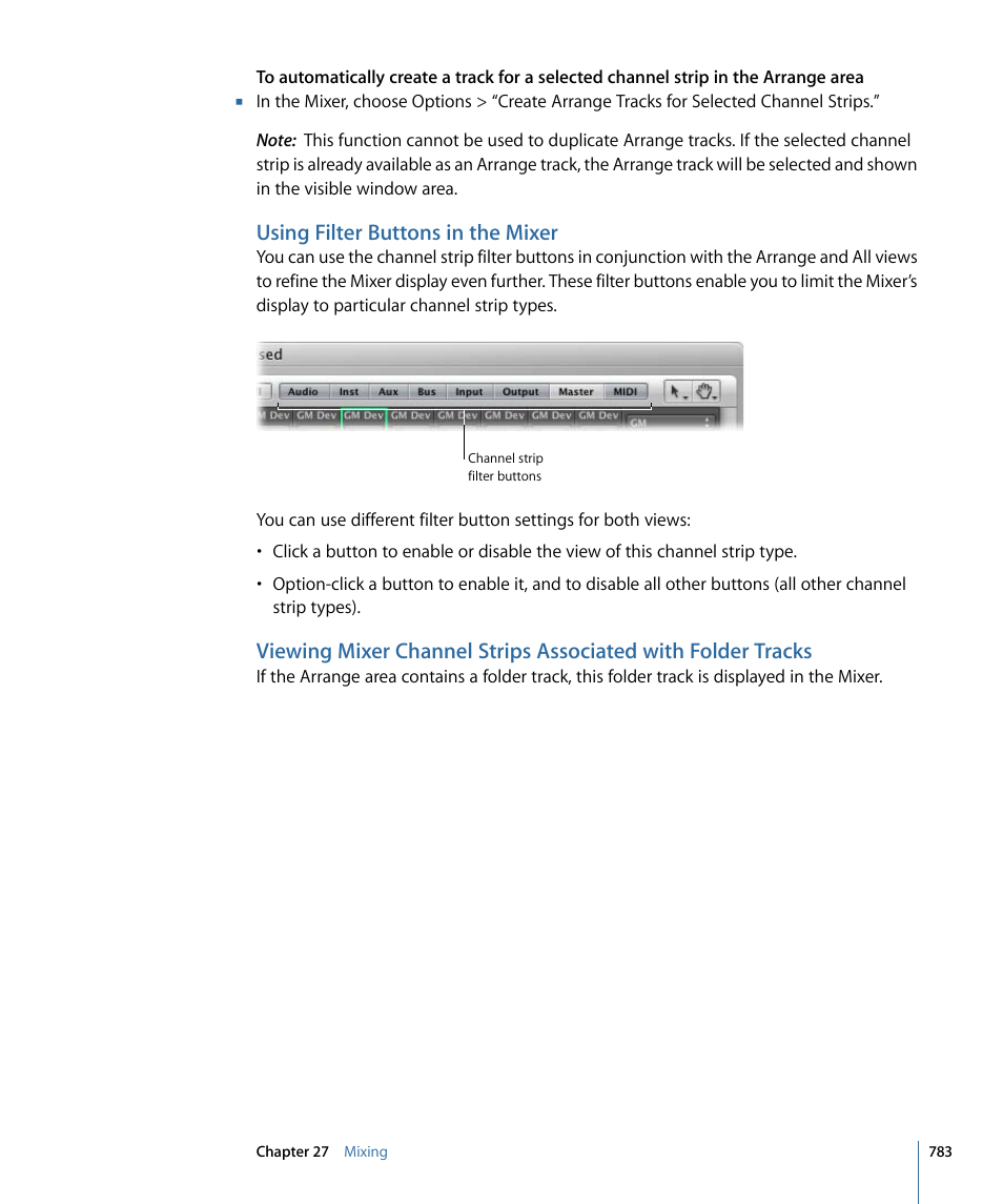 Using filter buttons in the mixer | Apple Logic Express 9 User Manual | Page 783 / 1294