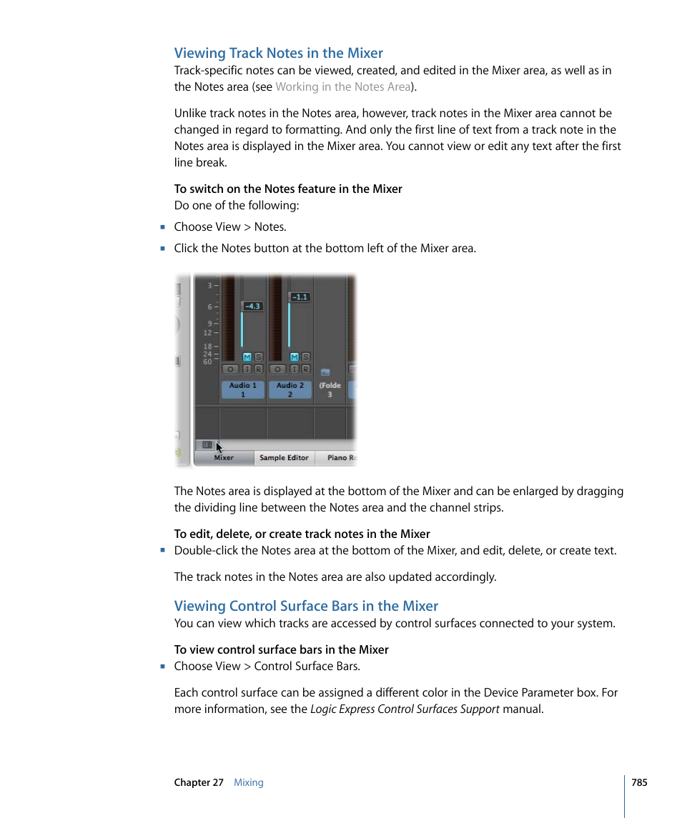 Viewing track notes in the mixer, Viewing control surface bars in the mixer | Apple Logic Express 9 User Manual | Page 785 / 1294